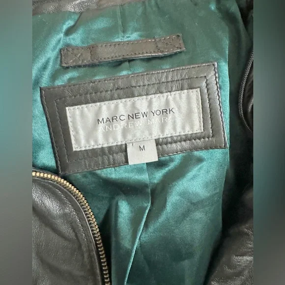 Andrew Marc Black Moto Jacket with Pockets + Turquoise Satin Lining Sz M - Picture 2 of 13